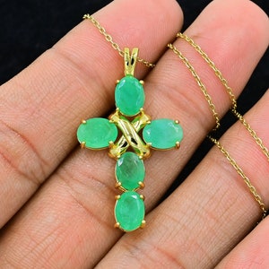 Natural Emerald Pendant Necklace, May Birthstone, 925 Sterling Silver, Holy Cross Pendant, Birthday Gift, Emerald Jewelry, Gift For Her