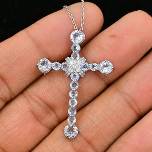 Natural Aquamarine Silver Pendant, 925 Sterling Silver, Holy Cross Pendant, March Birthstone, Charm Pendant, Birthday Gift, Gift For Her