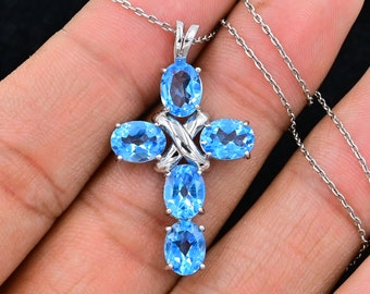 Natural Swiss Blue Topaz Pendant, 925 Sterling Silver, Holy Cross Pendant, December Birthstone, Women Jewelry, Birthday Gift, Gift For Her