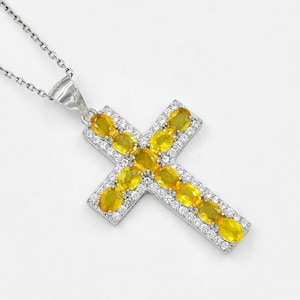 Natural Yellow Sapphire Pendant Necklace, 925 Sterling Silver, Holy Cross Pendant, September Birthstone, Anniversary gift, Gift For Her