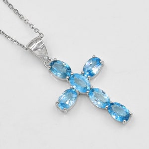 6x4 MM Natural Blue Zircon Pendant Necklace, 925 Sterling Silver, Holy Cross Pendant, December Birthstone, Wedding Pendant, Gift For Her
