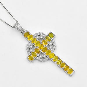 Natural Yellow Sapphire Pendant Necklace, 925 Sterling Silver, Holy Cross Pendant, September Birthstone, Anniversary Gift, Gift For Her