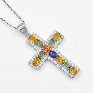 4x3mm Natural Multi Sapphire Pendant Necklace, 925 Sterling Silver, Holy Cross Pendant, September Birthstone, Anniversary Gift, Gift For Her