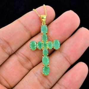 Natural Green Emerald Pendant Necklace, Holy Cross Pendant, 925 Sterling Silver, Charm Pendant, May Birthstone, Birthday Gift, Gift For Her