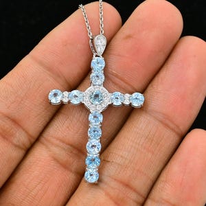 4 MM Round Natural Blue Zircon Pendant Necklace, 925 Sterling Silver, Holy Cross Pendant, December Birthstone, Wedding Pendant, Gift For Her