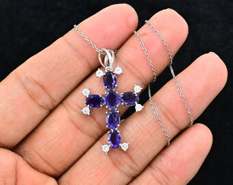 Collana con ciondolo in iolite naturale, argento sterling 925, ciondolo con croce sacra, pietra portafortuna di dicembre, gioielli in iolite, gioielli da donna, regalo per lei