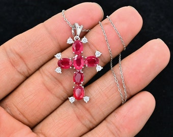 925 Sterling Silver, 7x5mm Natural Red Ruby Cross Pendant, Holy Cross Pendant Necklace, July Birthstone, Ruby Jewelry, Birthday Gif For Her