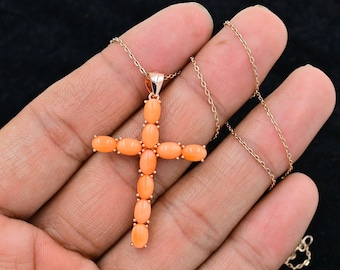 Pendentif croix en corail japonais naturel, Argent sterling 925, Collier pendentif Sainte Croix, Pierre de naissance de mai, Bijoux en corail japonais, Gif pour elle