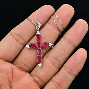 Natural Ruby Cross Pendant, 925 Sterling Silver, Holy Cross Pendant Necklace, July Birthstone, Ruby Jewelry, Blessing Birthday Gif For Her