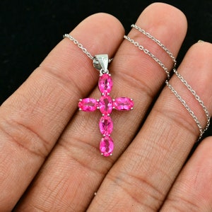 925 Sterling Silver Pendant, Natural Pink Topaz Cross , Holy Cross Pendant Necklace, December Birthstone, Gift For Her, Pink Topaz Jewelry