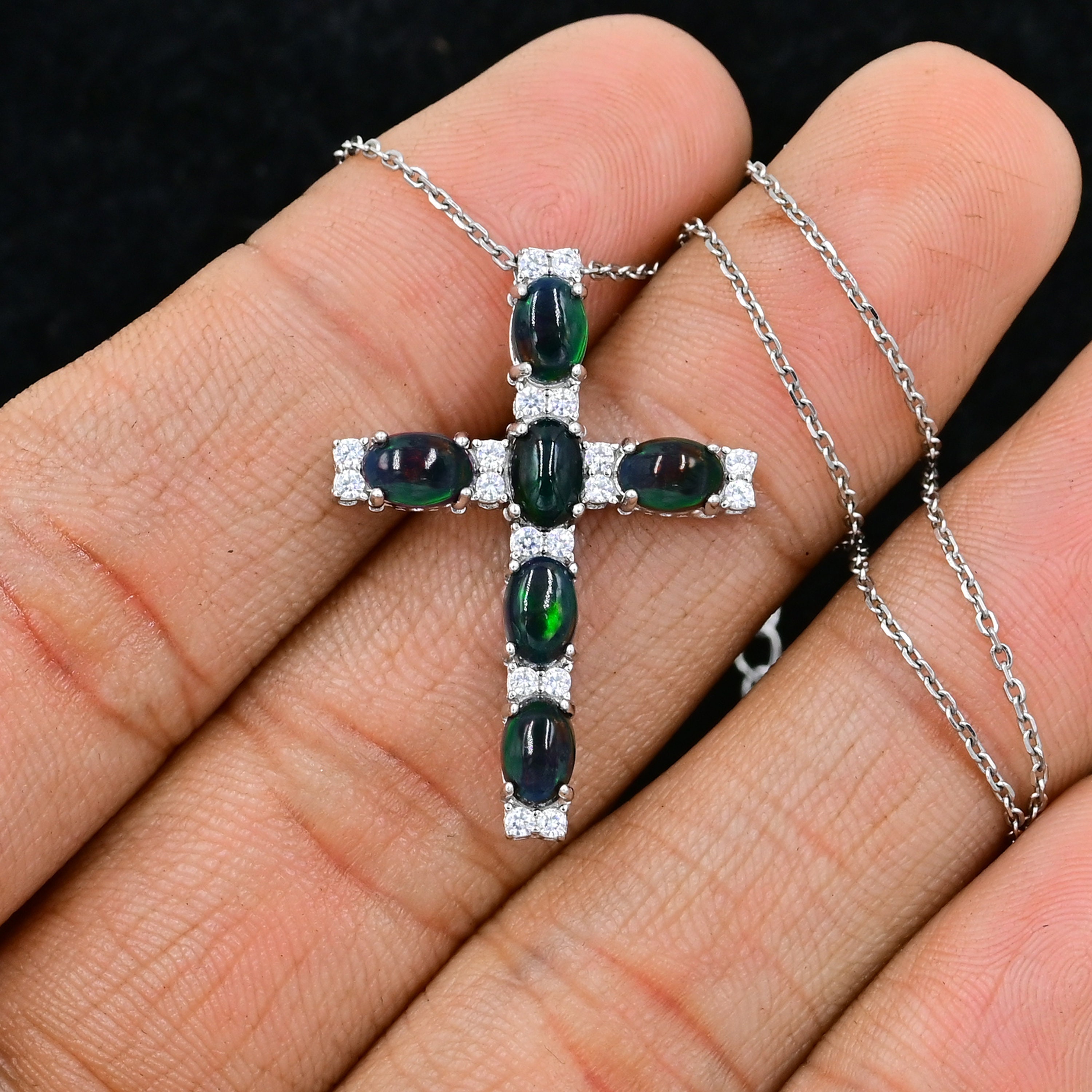 Natural  Ethiopian Welo Black Opal Pendant Necklace, 925 Sterling Silver, Holy Cross Pendant, October Birthstone, Charm Pendant Gift For Her