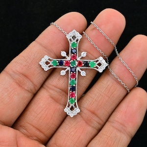 Natural Sapphire Ruby Emerald Cross, 925 Sterling Silver, Holy Cross Pendant Necklace, Ruby Emerald Sapphire Jewelry, Pendant With Chain