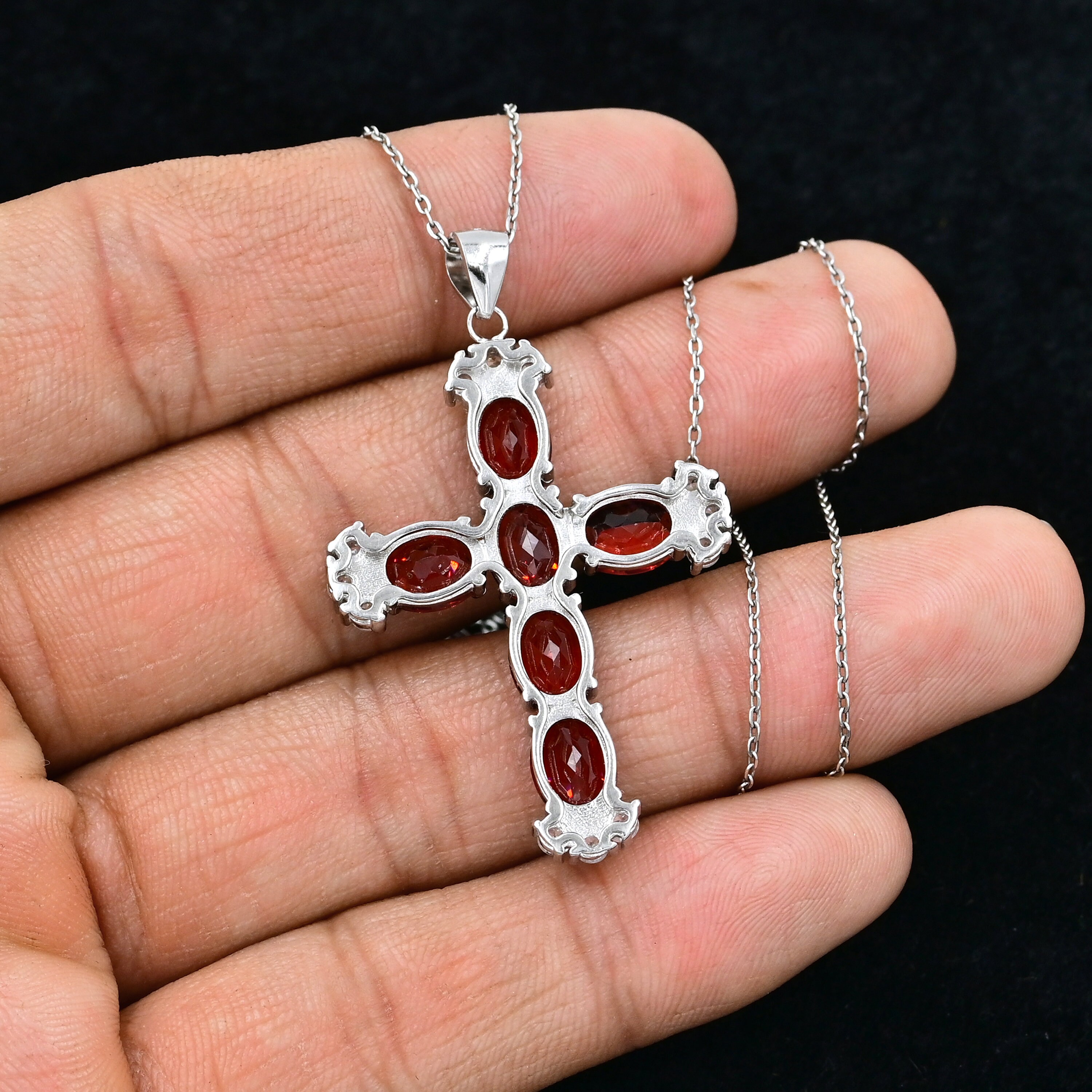 Collier Croix Argent Sterling 925 Avec Gros Grenat Et Pierre De Lune - Fait Main Inde
