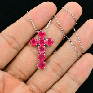 925 Sterling Silver, Natural Ruby Cross Pendant, Holy Cross Pendant Necklace, July Birthstone, Round Red Ruby Jewelry, Birthday Gif For Her