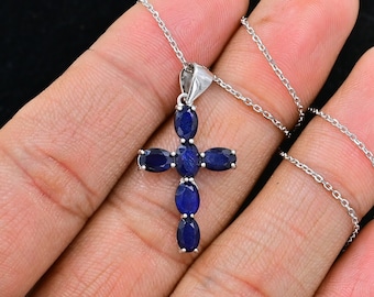 Croce in zaffiro naturale da 6 x 4 mm, argento sterling 925, collana con ciondolo a forma di croce sacra, pietra portafortuna di settembre, gioielli in zaffiro blu, regalo per lei