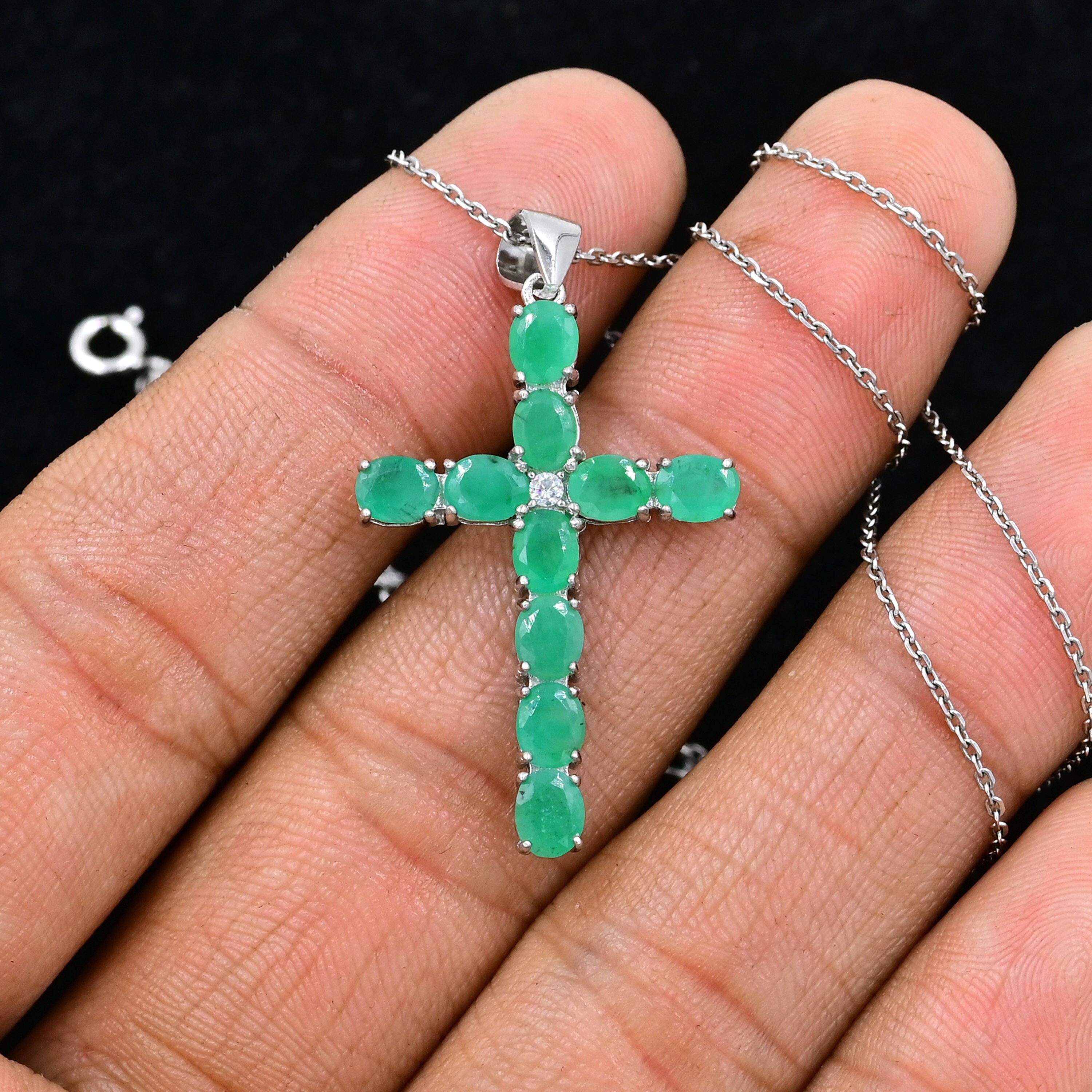 5x4mm Natural Emerald Cross, 925 Sterling Silver Holy Cross, May