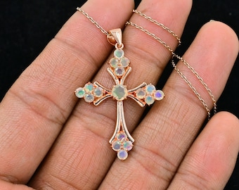 Natural Ethiopian Welo Cut Opal Cross, 925 Sterling Silver Pendant, October Birthstone, Rainbow Fire Opal Jewelry, Birthday Gift For Her
