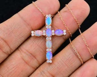925 Sterling Silver Cross, Natural Cabochon Opal Cross, Holy Pendant Necklace, Ethiopian Welo Fire Opal, October Birthstones, Birthday Gift