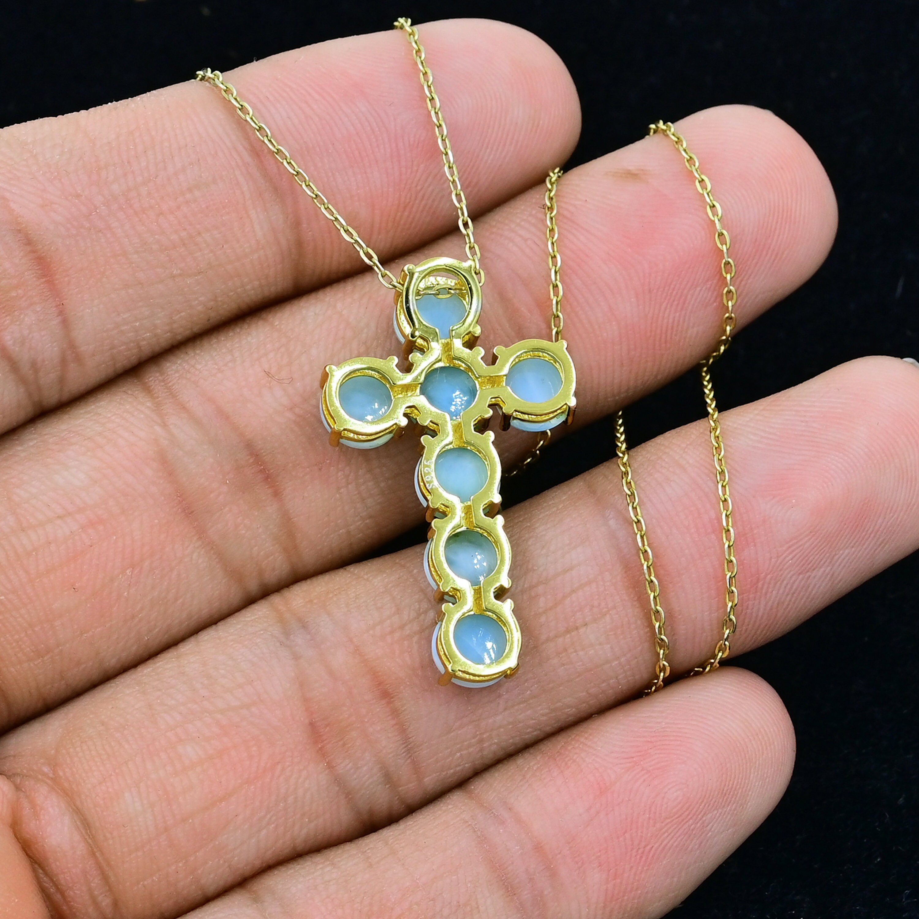 thumbnail image 2 of Larimar Cross Necklace In Gold Plated 925 Sterling Silver - George Art Jewels 2 of 14