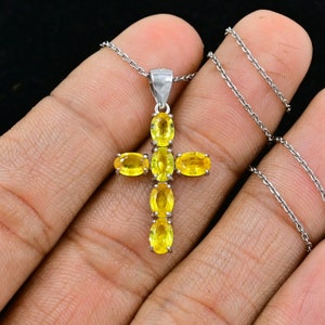 925 Sterling Silver Pendant, Natural Yellow Sapphire Cross, Pendant Necklace, September Birthstone, Yellow Sapphire Jewelry, Gift For Her