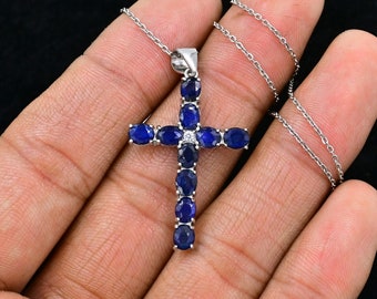 Natural Cut Blue Sapphire Holy Cross Pendant Necklace, 925 Sterling Silver, September Birthstone, Blue Sapphire Cross Jewelry, Gift For Her
