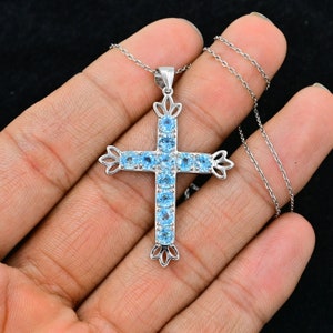 Natural Blue Zircon Cross Pendant, 925 Sterling Silver, Holy Cross Pendant Necklace, December Birthstone, Blue Zircon Cross Pendant Jewelry