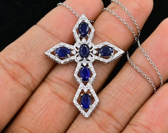 Croce Santa in Zaffiro Blu Naturale, Argento Sterling 925, Collana con Ciondolo, Pietra Portafortuna di Settembre, Gioielli in Zaffiro Blu Taglio, Regalo per Compleanno