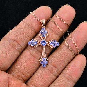 925 Sterling Silver Cross, Natural Tanzanite Holy Cross
