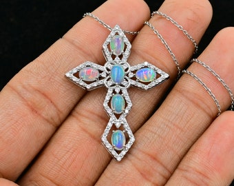 Natural Ethiopian Welo Opal Holy Cross, 925 Sterling Silver, Designer Pendant Necklace, October Birthstone, Cabochon Fire Opal, Gift For Her
