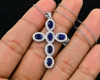 Collana con ciondolo a croce in argento sterling 925, zaffiro blu naturale, pietra portafortuna di settembre, gioielli in zaffiro blu, regalo per compleanno