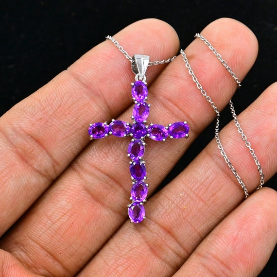 Natural Purple Amethyst Cross Pendant, 925 Sterling Silver, Holy