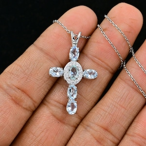 Natural Cut Aquamarine Holy Cross Pendant Necklace, 925 Sterling Silver Pendant Necklace, March Birthstone, Pendant With Chain, Gift For Her