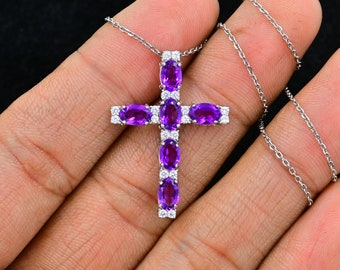 925 Sterling Silver, Natural Amethyst Cross Pendant, Holy Cross Pendant Necklace, February Birthstone, Pendant With Chain, Birthday Gift