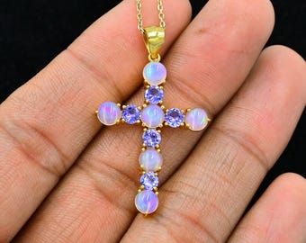 Natuurlijk tanzaniet en opaal heilig kruis, 925 massief sterlingzilveren bedelhanger, tanzaniet-hangerketting, sieraden met meerdere stenen, cadeau voor haar