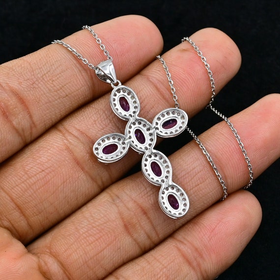 6 x 4 mm 天然アメジスト 聖十字架ペンダントネックレス、925 