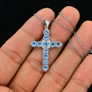 Natural Cambodian Blue Zircon Cross, 925 Sterling Silver Holy Cross, December Birthstone, Charm Pendant, Blue Zircon Jewelry, Gif For Her