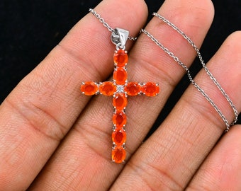 5x4mm Natural Orange Cut Opal Pendant, 925 Sterling Silver, Holy Cross Pendant Necklace, Ethiopian Welo Fire Orange Opal, Gift For Birthday