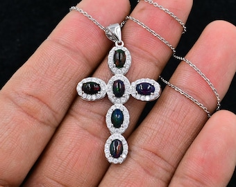 925 Sterling Silver, Natural Black Opal Holy Cross, Pendant Necklace, October Birthstones, Ethiopian Welo Black Opal, Gift For Her Birthday