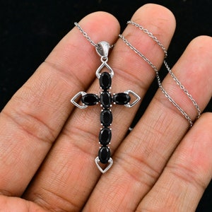 925 Sterling Silver Holy Cross, Natural Black Spinel Pendant, August Birthstone, Designer Pendant Necklace, Cut Spinel Jewelry, Gift For Her