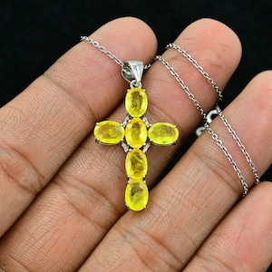 Natural Yellow Sapphire Holly Cross, 925 Sterling Silver Pendant Necklace, September Birthstone, Yellow Cut Sapphire Jewelry, Gift For Her