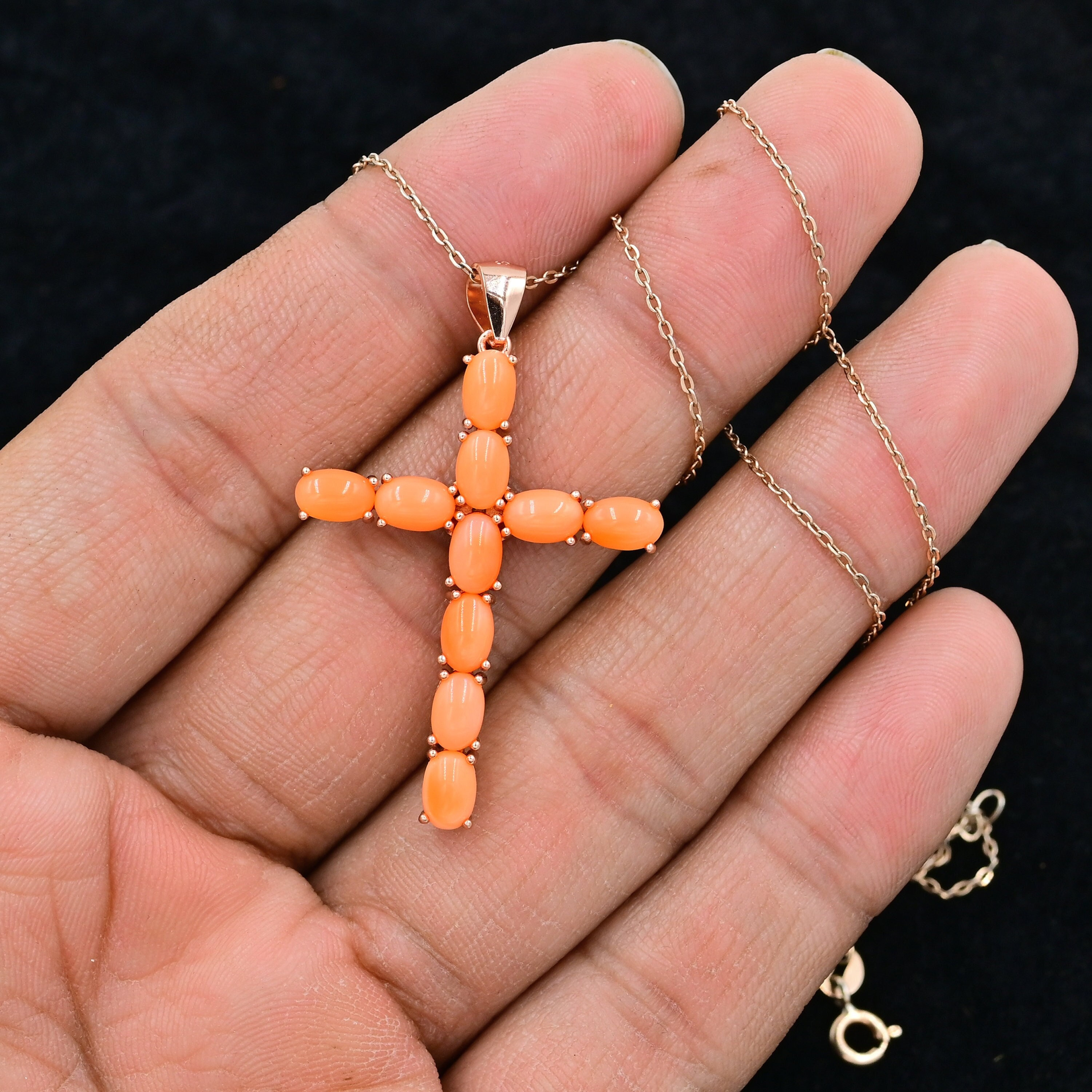 Natural Japanese Coral Cross Pendant, 925 Sterling Silver, Holy