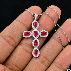 Natural Oval Cut Red Ruby Cross Pendant, 925 Sterling Silver Cross, Holy Cross Pendant Necklace, July Birthstone, Ruby Jewelry, Gif For Her