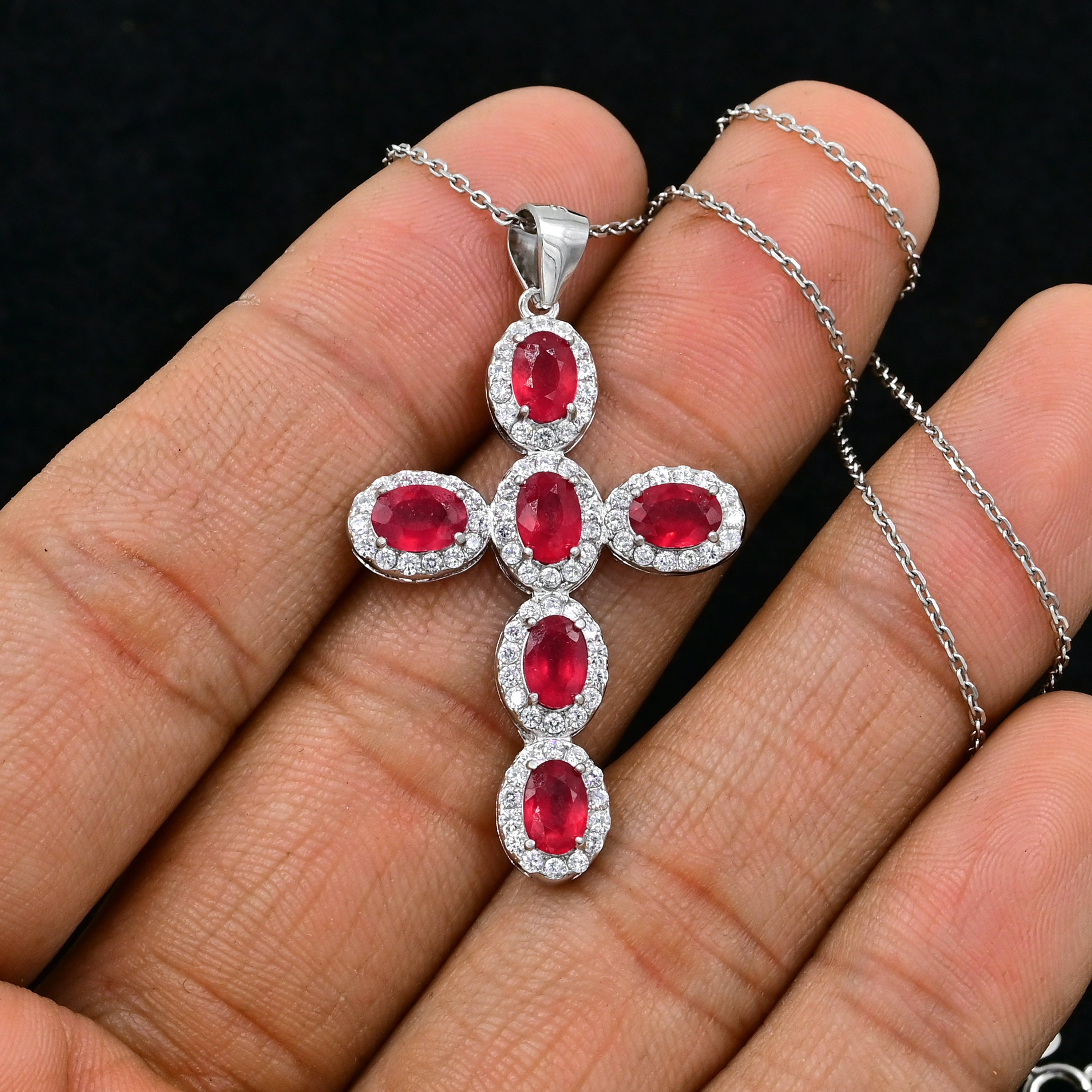 Natural Oval Cut Red Ruby Cross Pendant, 925 Sterling Silver Cross