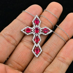 Natural Cut Ruby Designer Cross Pendant, 925 Sterling Silver Cross, Holy Cross Pendant Necklace, July Birthstone, Ruby Jewelry, Gif For Her