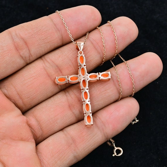 Natural Japanese Coral Cross Pendant, 925 Sterling Silver Natural Japanese Coral Cross Pendant, 925 Sterling Silver