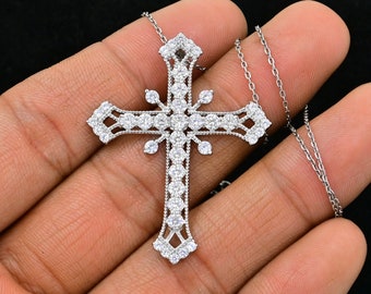 Natural Round Cut Moissanite Cross, 925 Sterling Silver, Holy Cross Pendant Necklace, April Birthstone, Moissanite Jewelry, Birthday Gift