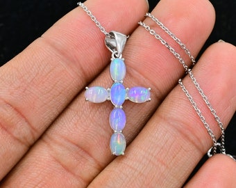 6x4mm Natural Cabochon Opal Cross, Holy Pendant Necklace, 925 Sterling Silver, Ethiopian Welo Fire Opal, October Birthstones, Gift Birthday
