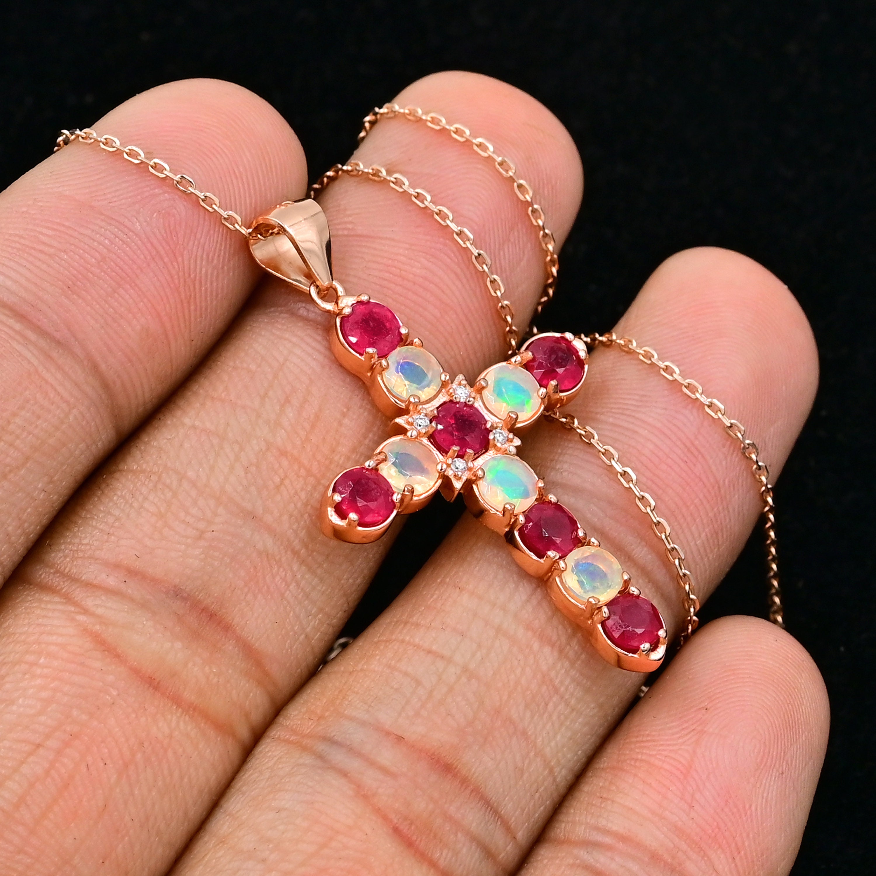 Natural Ethiopian Opal & Red Ruby Cross, 925 Sterling Silver, Holy ...