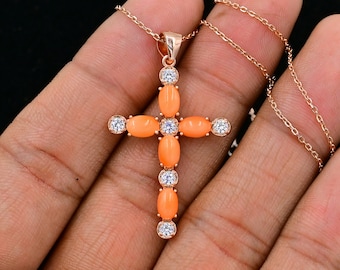 Argent sterling 925, pendentif croix en corail japonais naturel, collier pendentif Sainte-Croix, pierre de naissance en mai, bijoux en corail japonais, cadeau pour elle