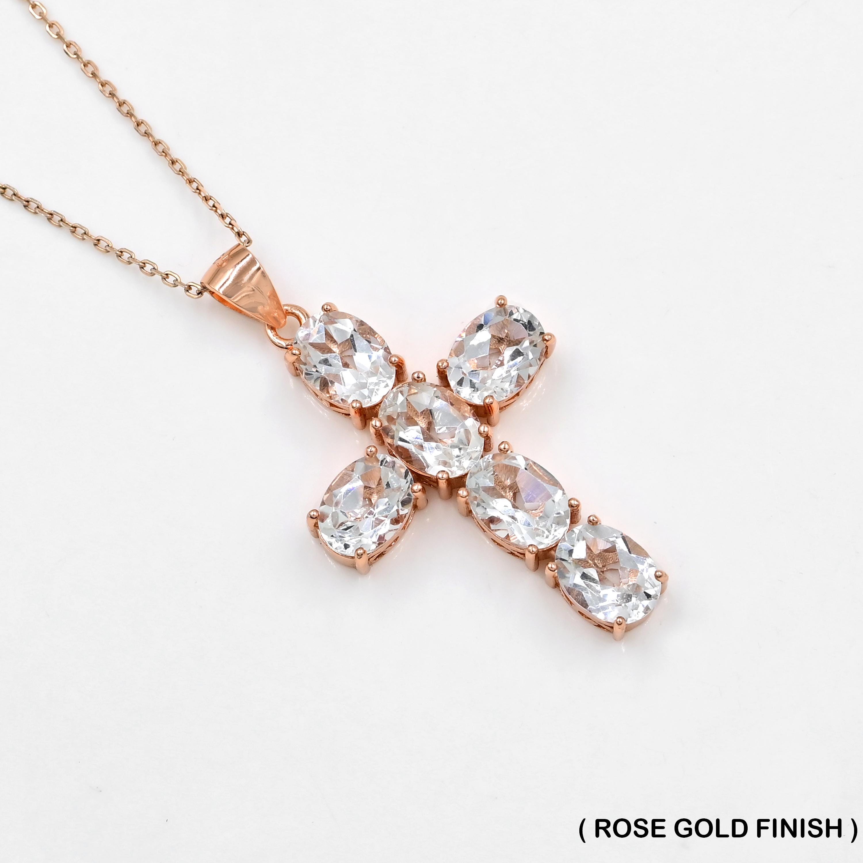 Ciondolo Croce In Topazio Bianco &ndash; Collana Donna In Argento Placcato